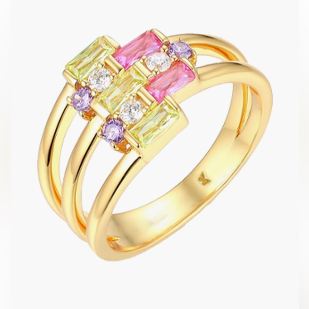 Colored CZ X Baguette Gold Plated Multi-Color Ring NEW